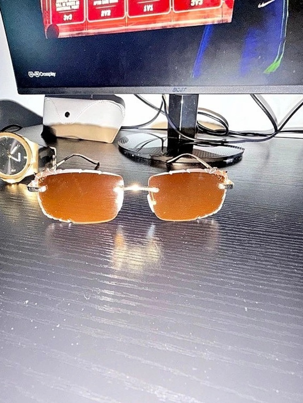 Rimless Brown & Gold Sunglasses Like New